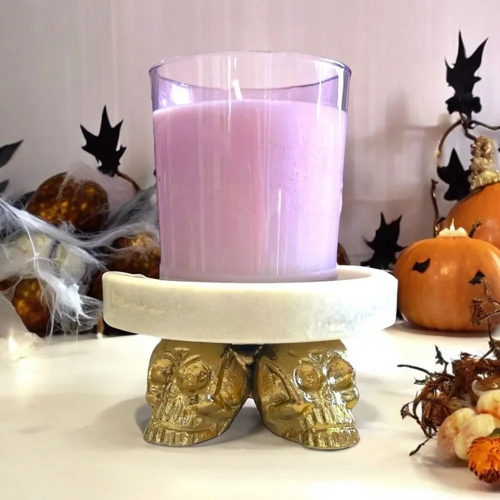 Brass Skulls And Natural Stone Marble Candle Holder Halloween Gothic NEW